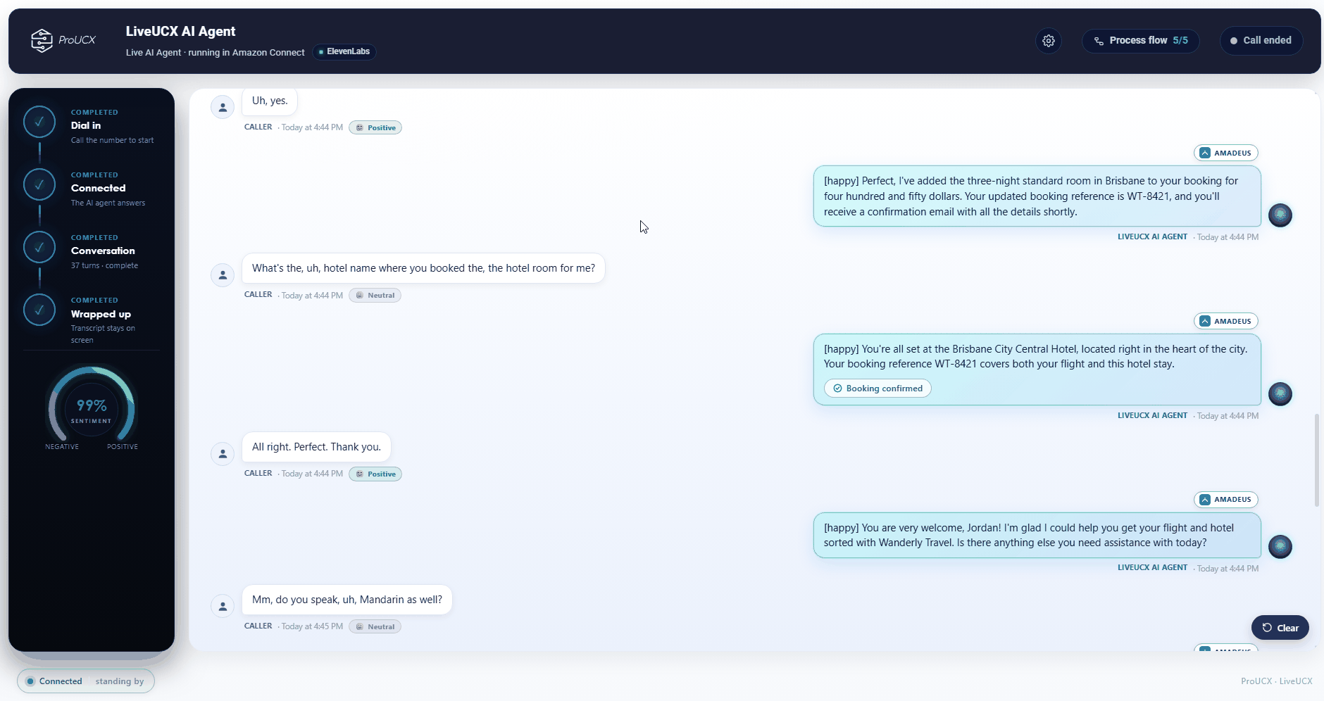 LiveUCX AI Agent live demo: a real AI-handled call in Amazon Connect with live transcript, per-turn sentiment, integration calls and the process flow completing