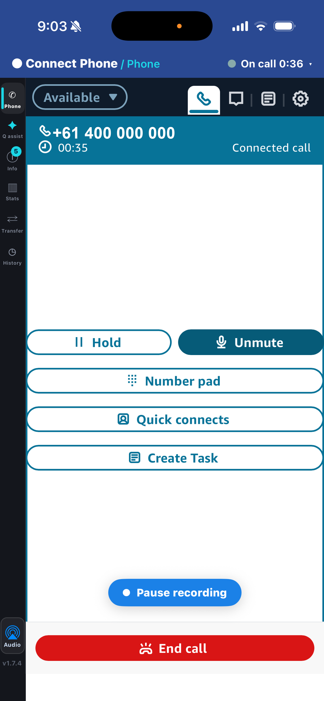 Connect Phone on a live Amazon Connect call — hold, mute, transfer, number pad and pause recording on an iPhone