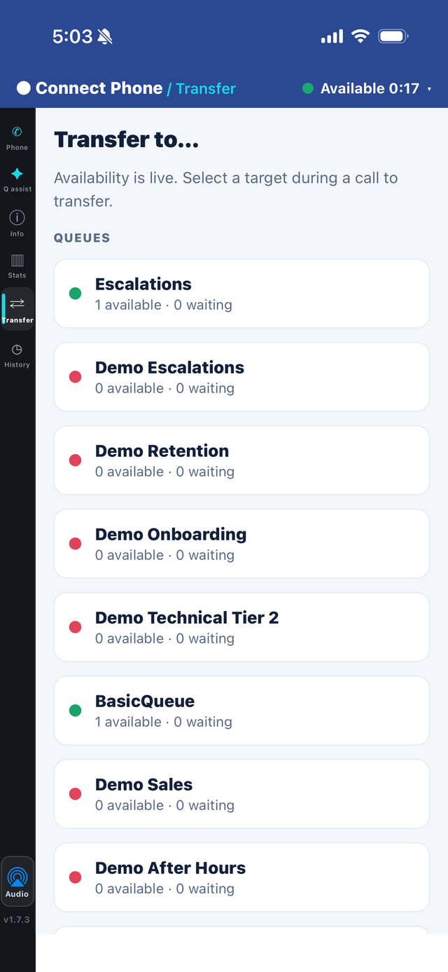 Connect Phone smart transfer directory — queues and agents with live availability