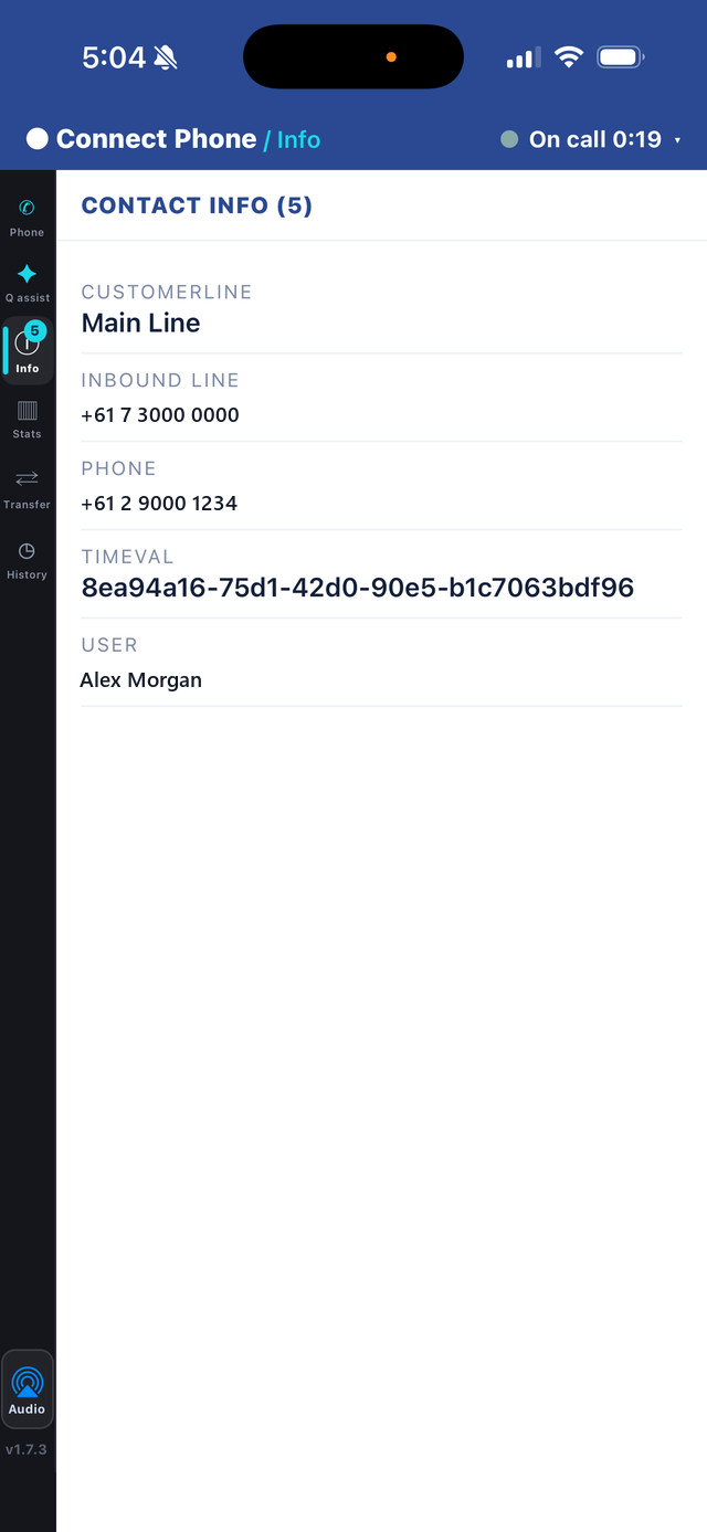 Connect Phone Contact attributes screen — Amazon Connect softphone on iPhone