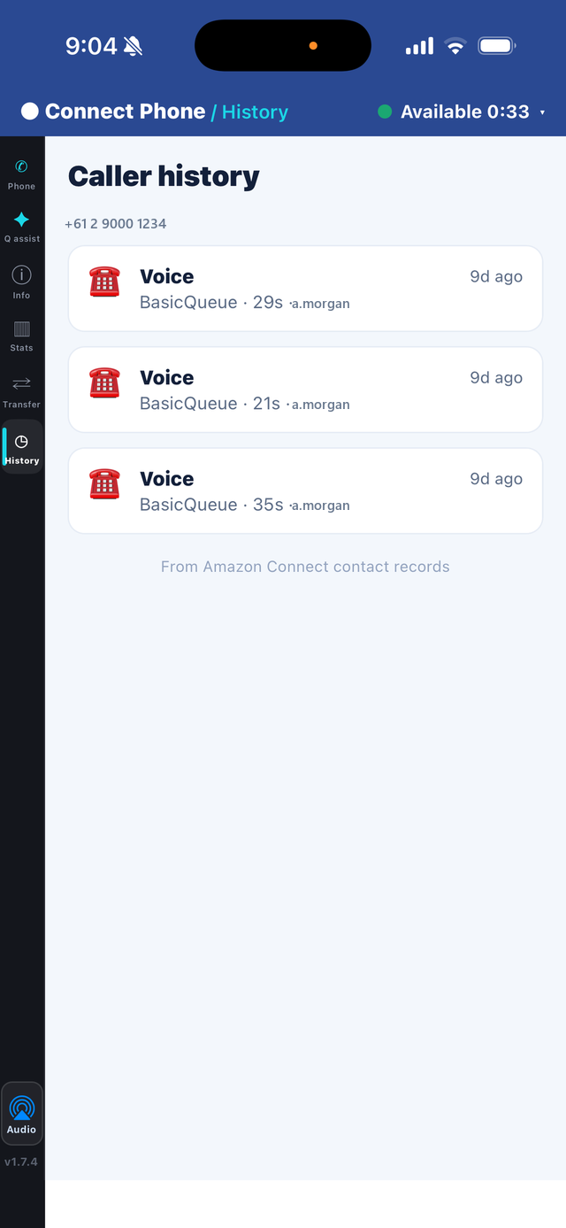 Connect Phone Caller history screen — Amazon Connect softphone on iPhone