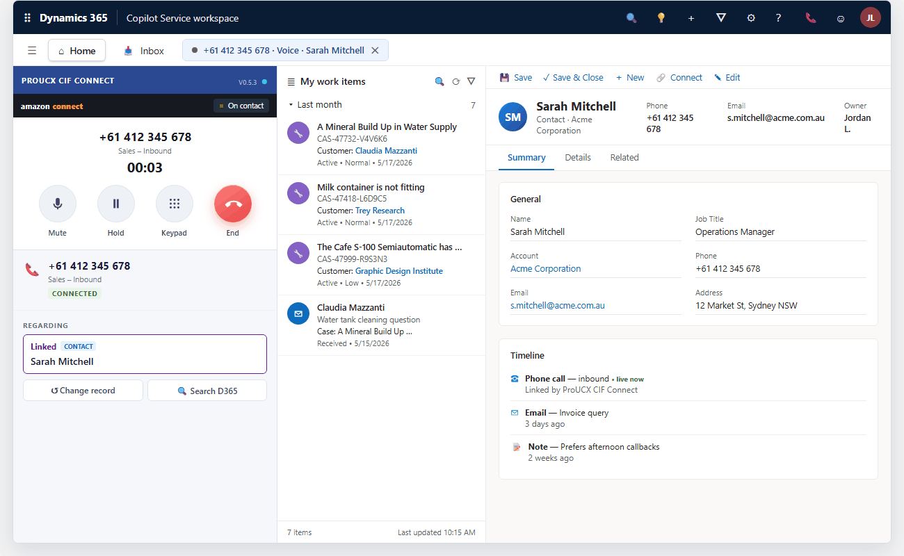ProUCX CIF Connect on a live call inside Dynamics 365 Copilot Service workspace with the caller's contact screen-popped