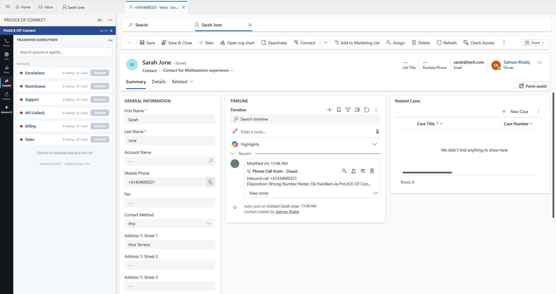 Transfer directory in the Dynamics 365 CIF panel listing Amazon Connect queues with waiting and available counts