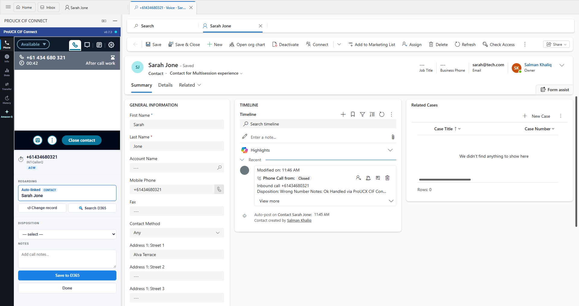 Amazon Connect call wrap-up and disposition inside the Dynamics 365 agent panel