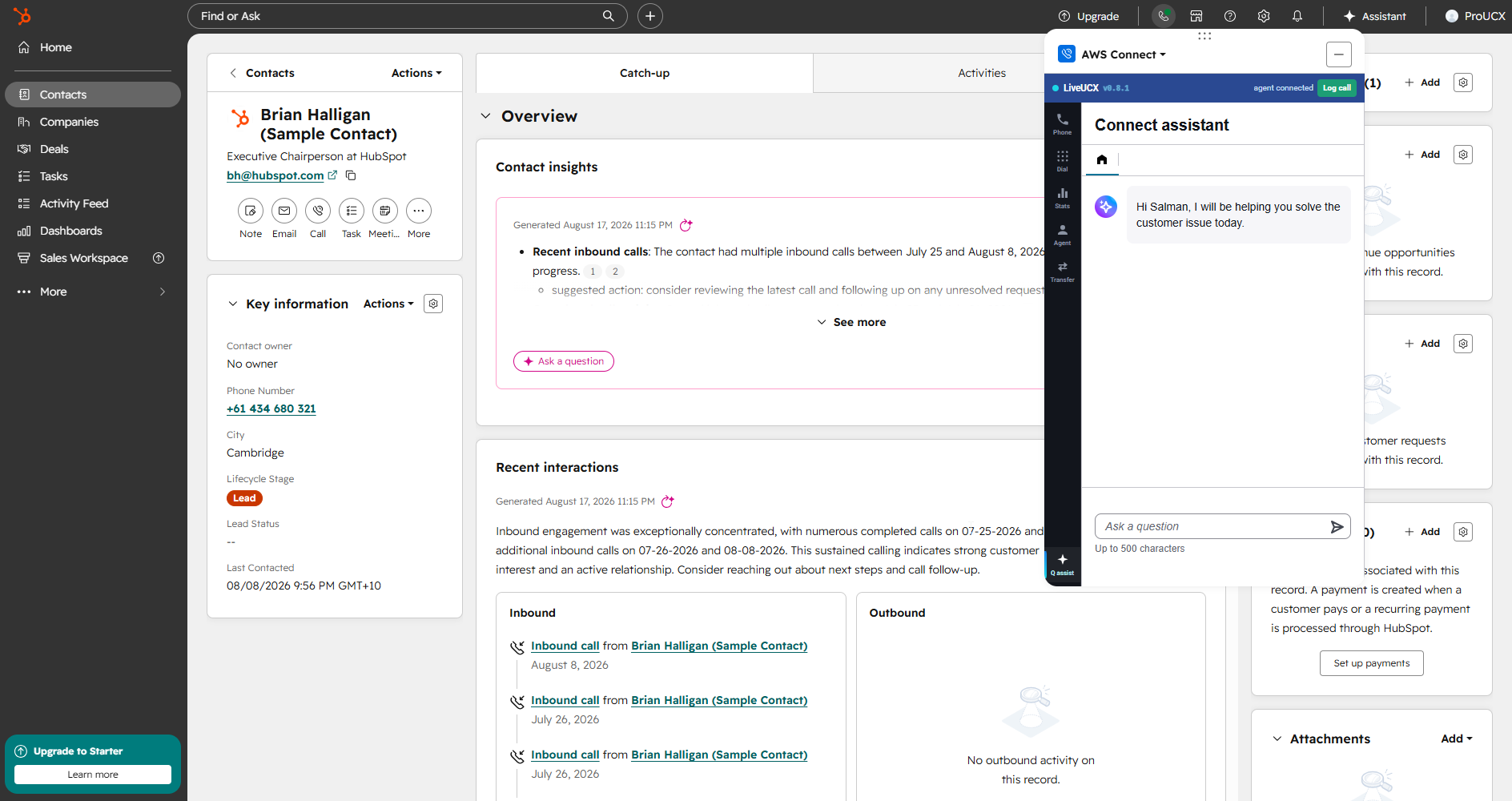 Call context and assistant panel beside the matching HubSpot record
