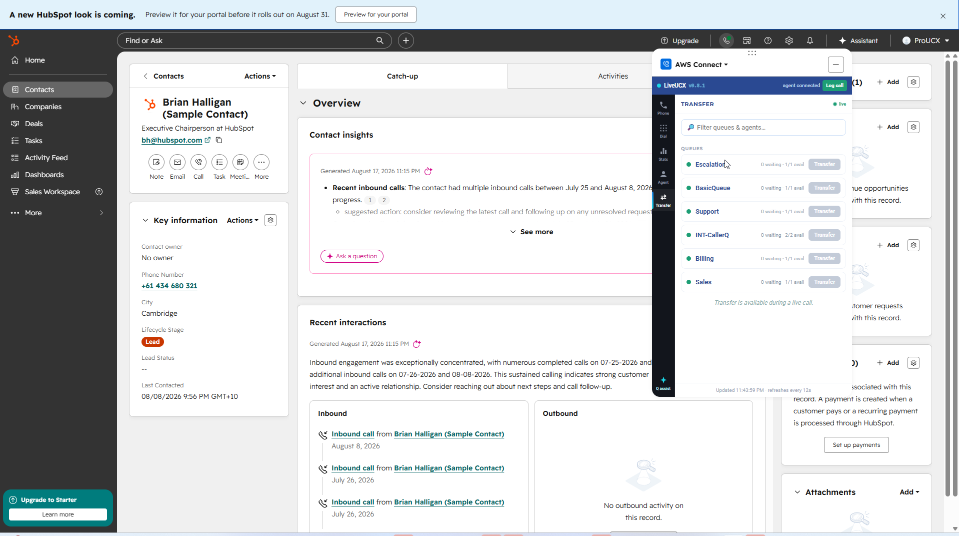 Transferring an Amazon Connect call to a queue from inside HubSpot