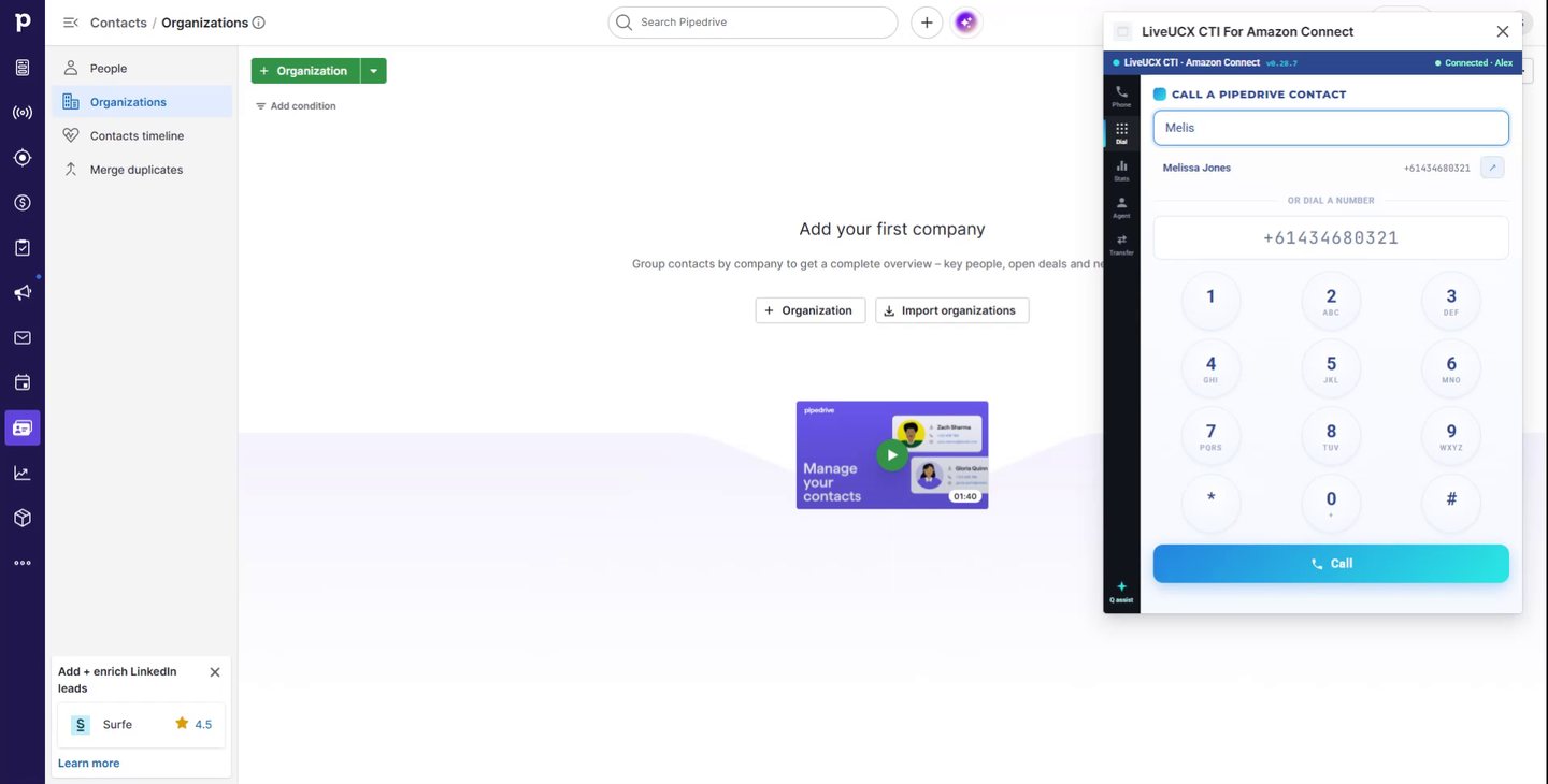 Click-to-dial and search-to-dial from the Amazon Connect softphone inside Pipedrive