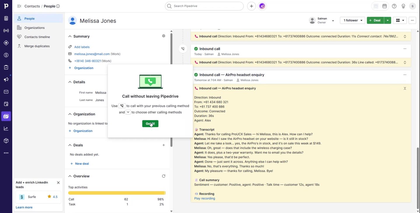An Amazon Connect call auto-logged in Pipedrive with transcript, AI summary and a recording link