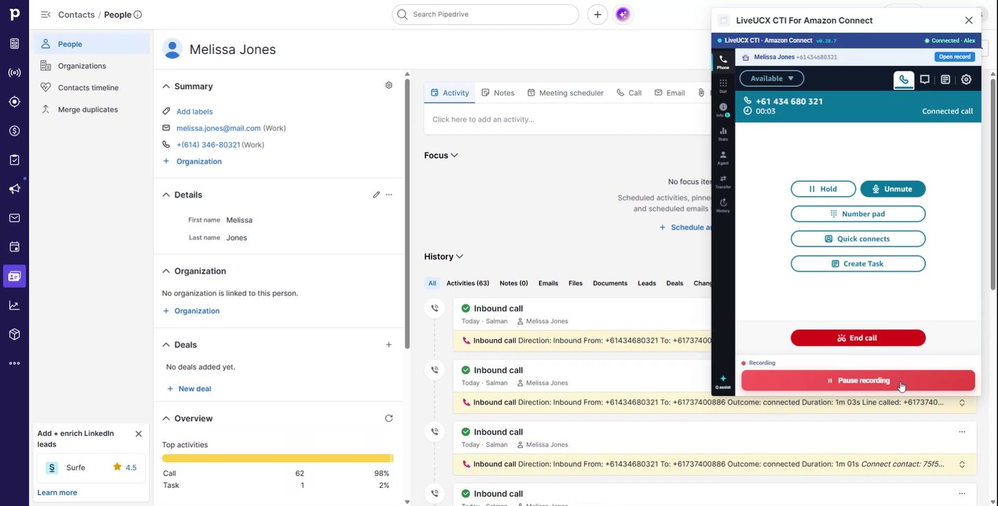 Amazon Connect softphone inside Pipedrive on a live call, screen-popping the matching person with logged call activities