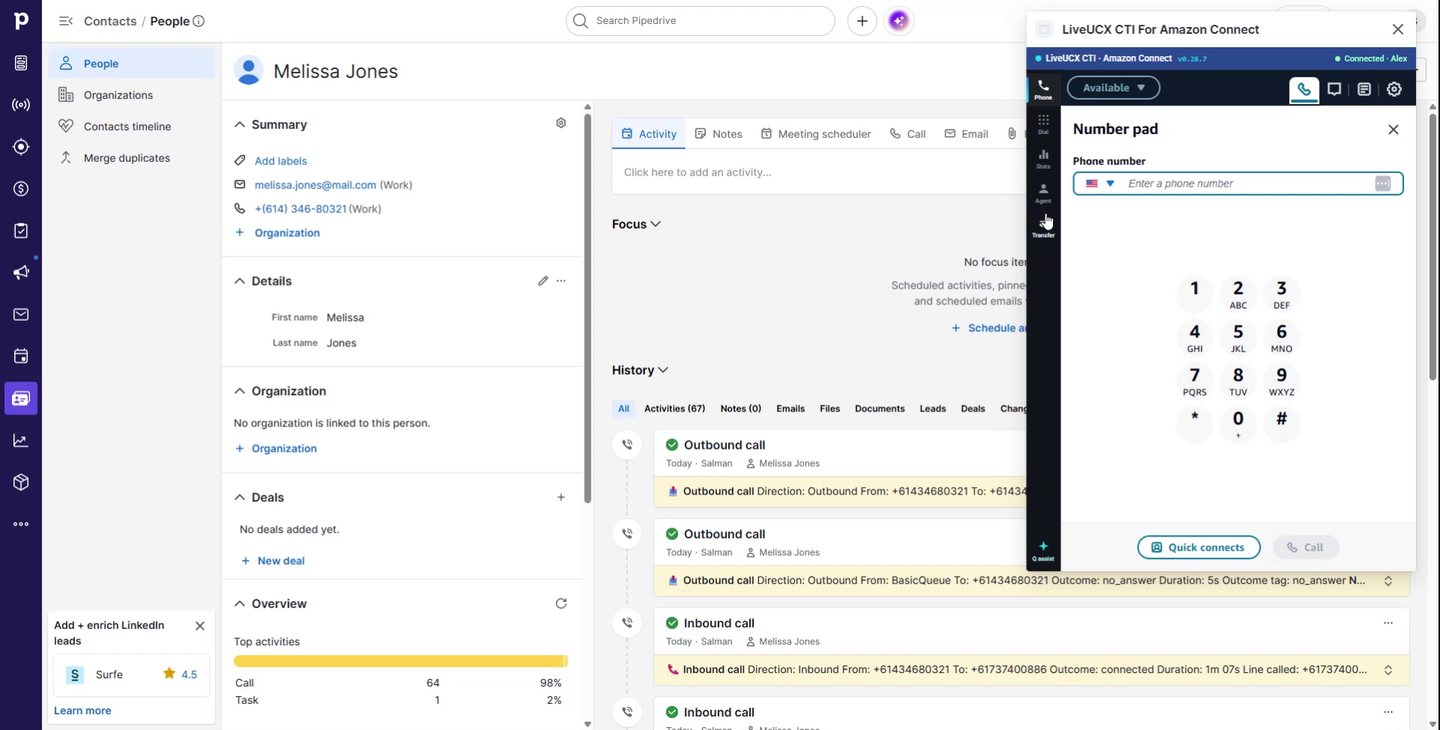 Live Amazon Connect queue statistics inside the Pipedrive softphone panel