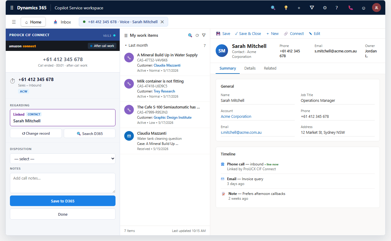 ProUCX CIF Connect after-call work: disposition Resolved, agent notes, linked Trey Research account, and a logged phonecall activity in the Dynamics 365 timeline