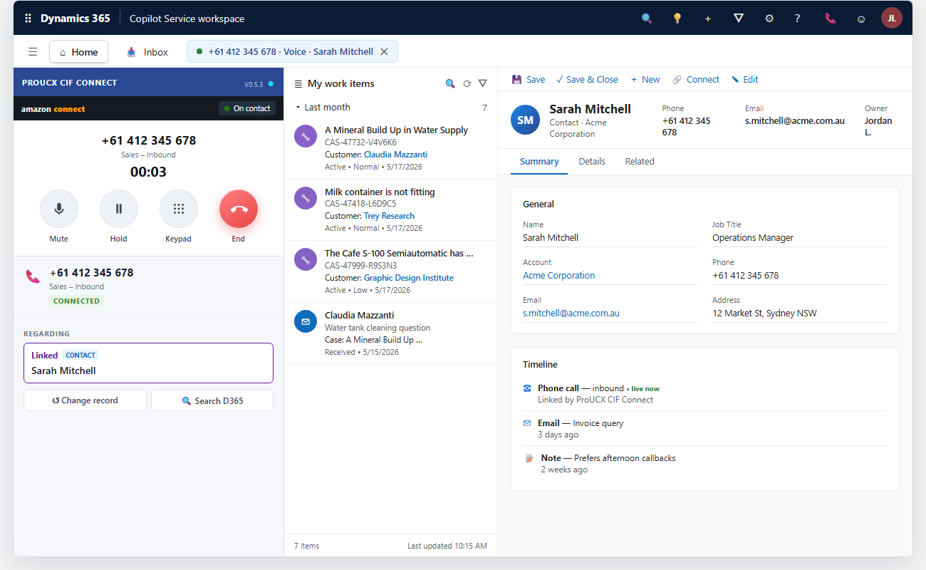 ProUCX CIF Connect panel handling a live Amazon Connect call inside the Dynamics 365 agent workspace, linked to the Coffee Lab APJ account