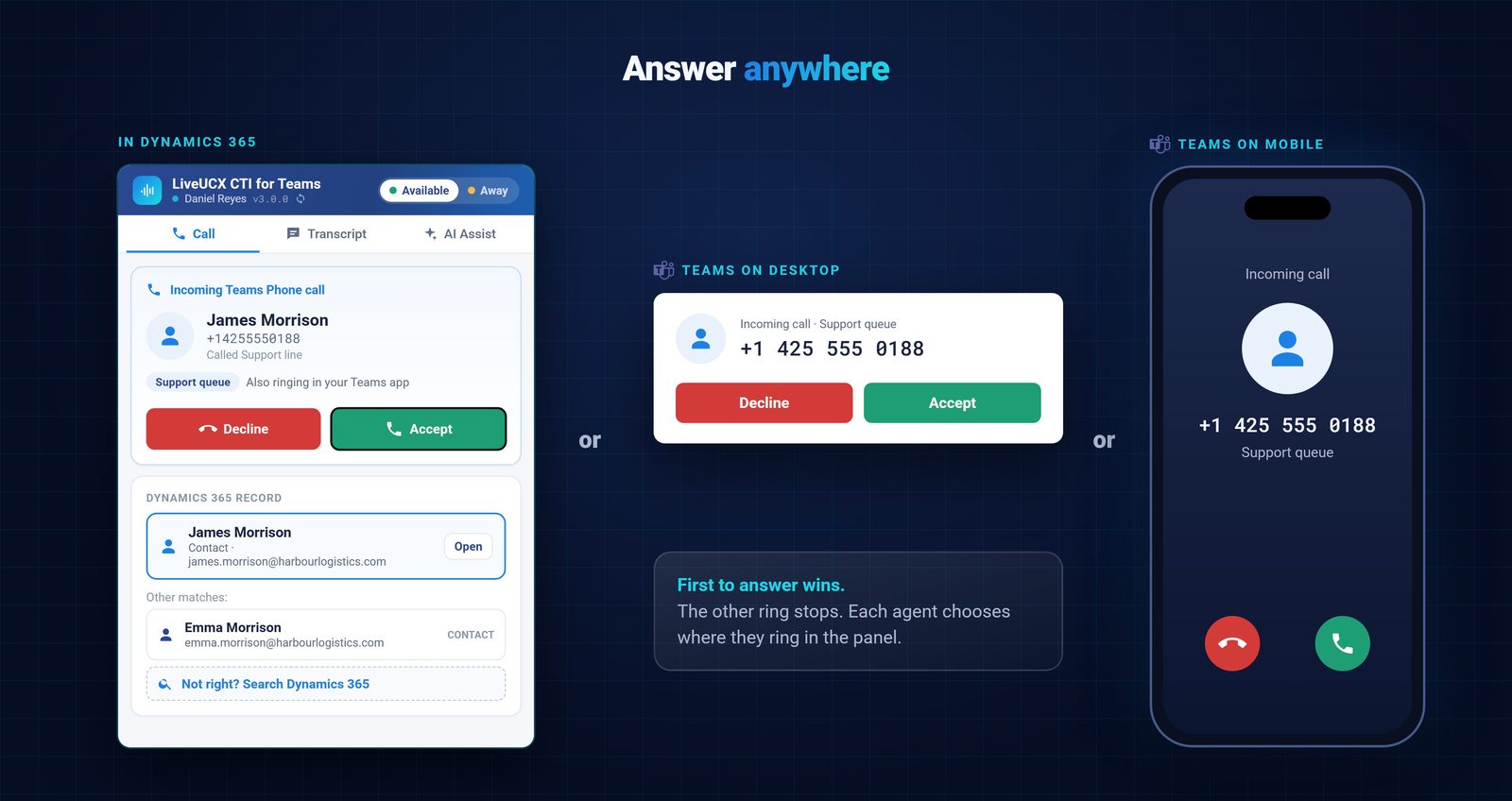 The same call ringing in the Dynamics 365 panel and in the Microsoft Teams app on desktop and mobile