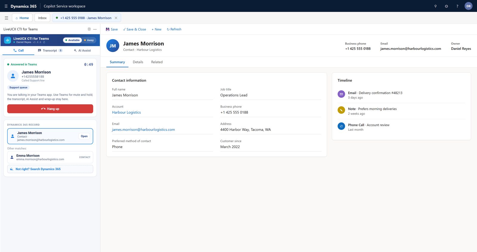 Dynamics 365 panel showing a call answered in Microsoft Teams, with logging carrying on