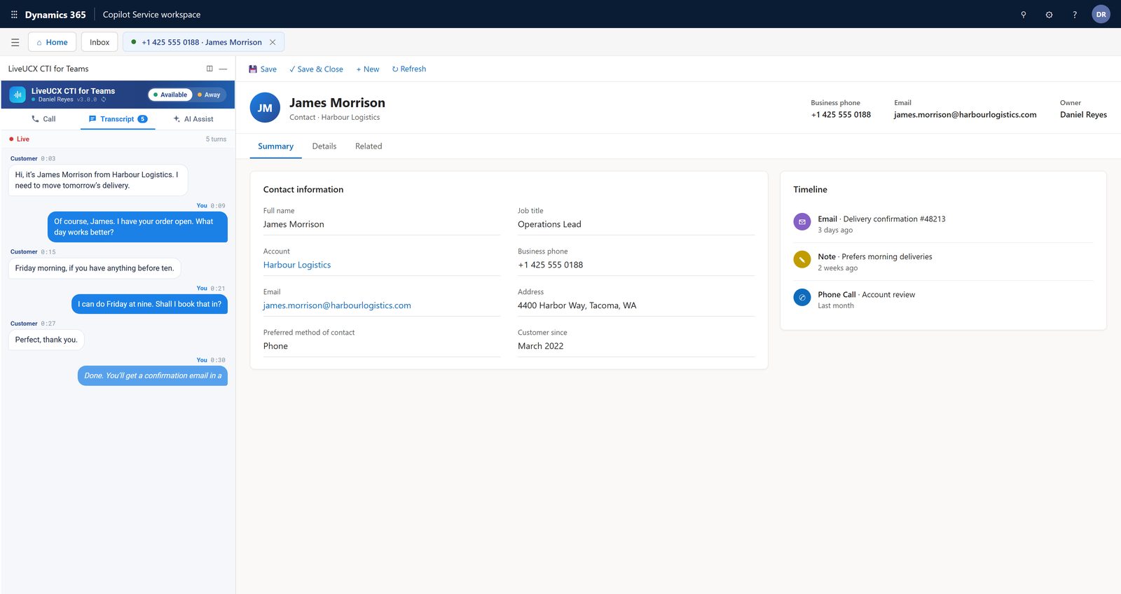 Live call transcript, customer and agent turn by turn, beside the customer's Dynamics 365 record