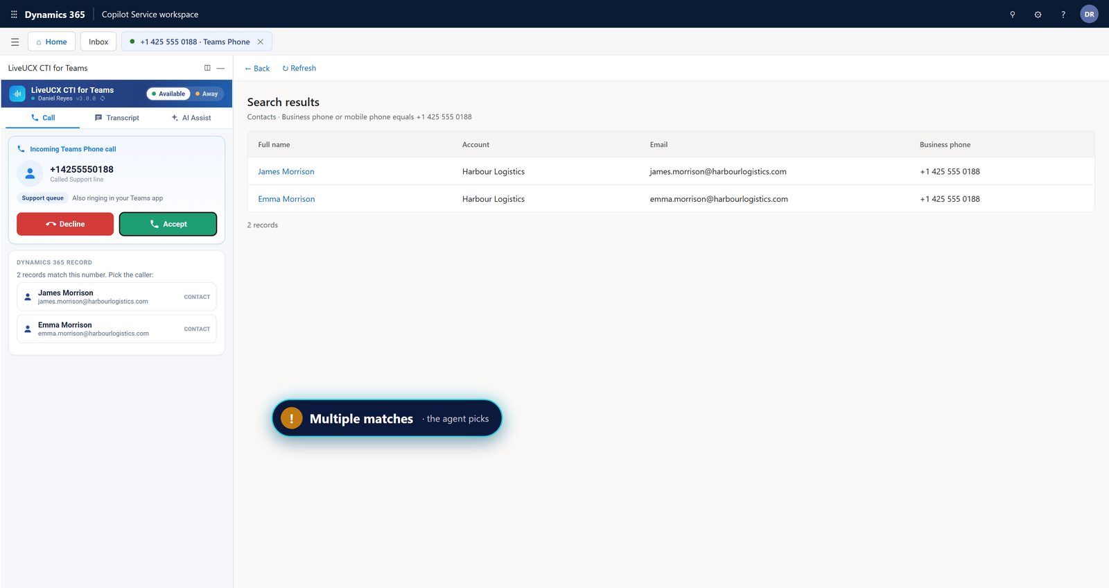 LiveUCX panel asking which contact is calling when two Dynamics 365 contacts share a phone number