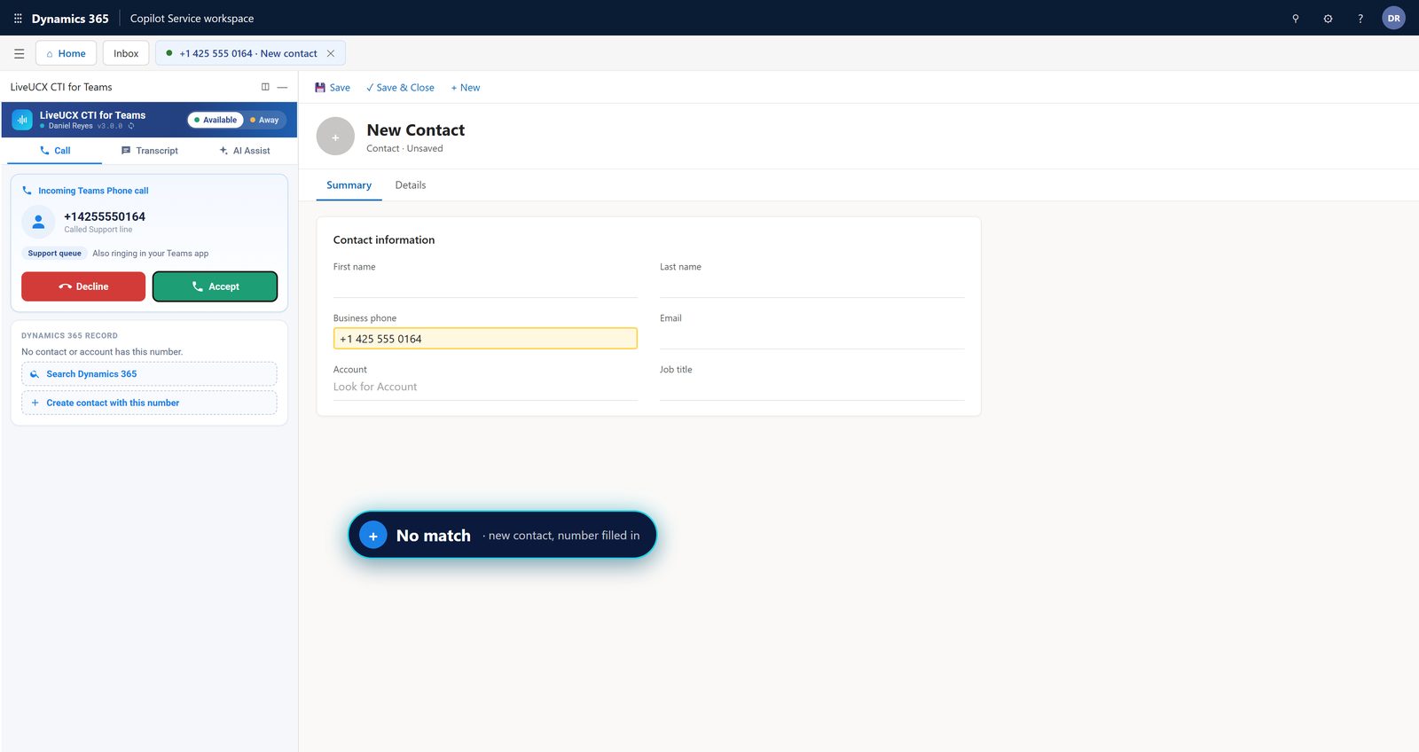 New Dynamics 365 contact form opened from a Teams Phone call, caller's number already filled in