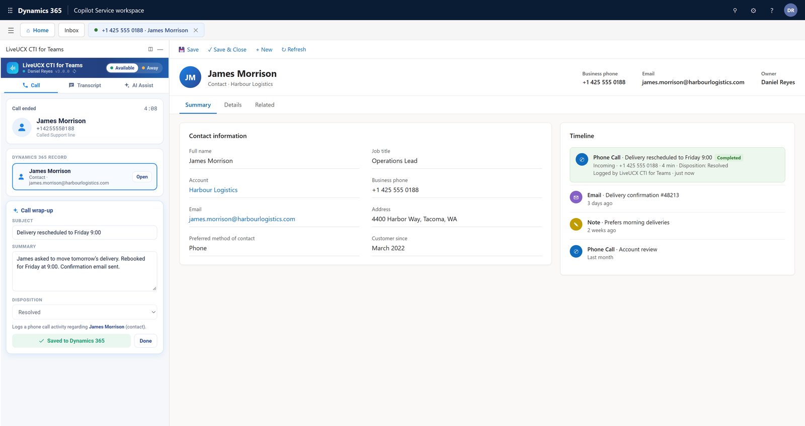Completed Phone Call activity on the contact's Dynamics 365 timeline with notes and disposition