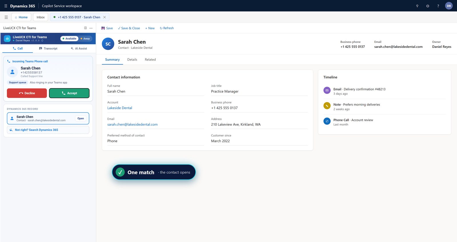 Teams Phone call ringing in the LiveUCX panel inside Dynamics 365, with the caller's contact record open
