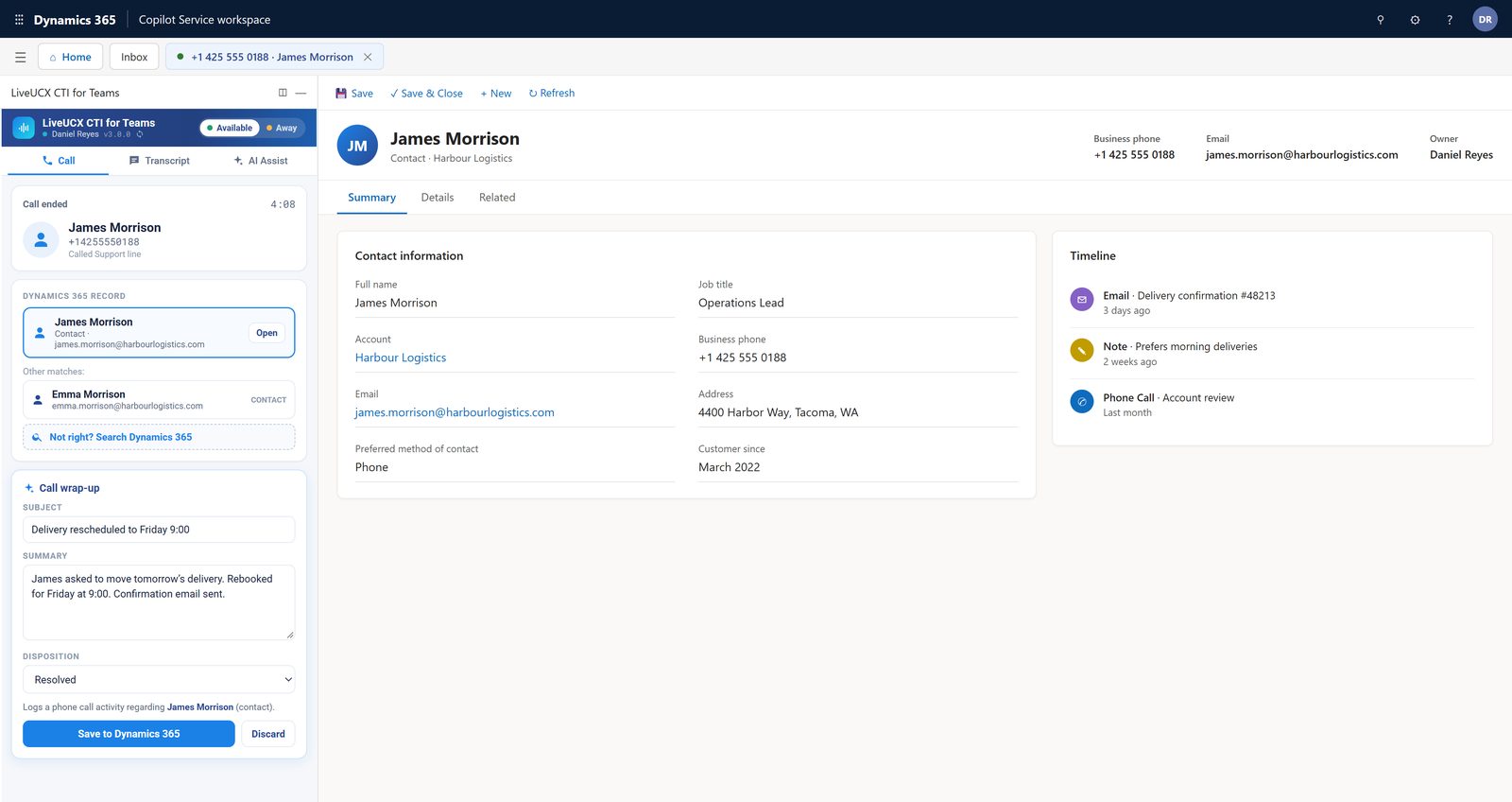 Wrap-up card with call notes and disposition before saving to Dynamics 365